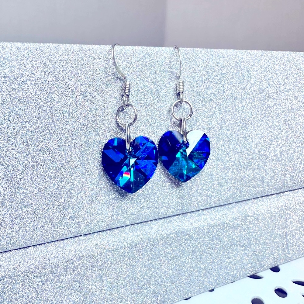 Bermuda Blue Crystal Heart Dangle Earrings